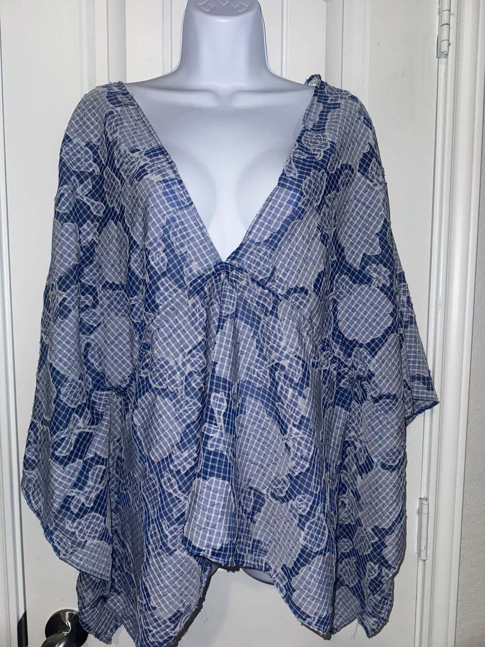 by‎ Anthropologie Blue Floral Gingham Tie-Front Kaftan Swim Cover-Up